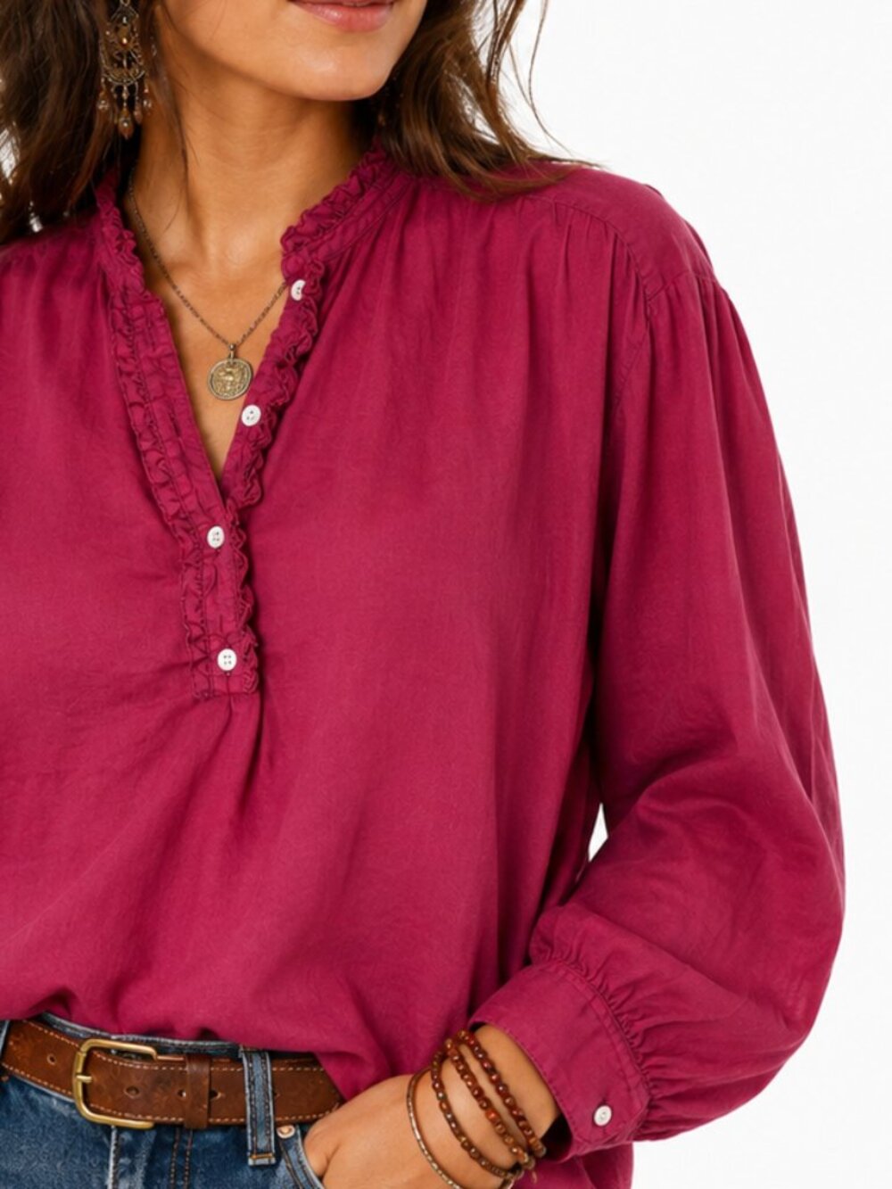 Hartford Benson Cotton Voile Ruffle Popover Blouse Burgundy/Magenta  Size 4